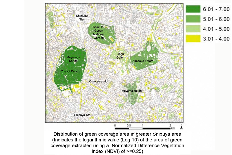 Distribution of green coverage area in greater Shibuya area