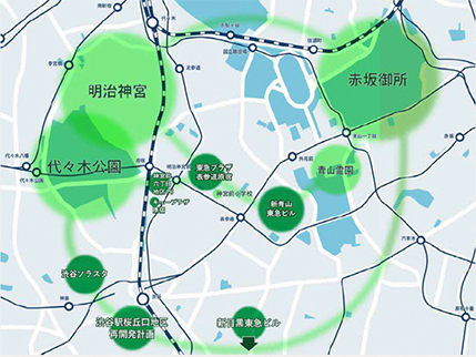 オフィスビル・商業施設など新築大型物件のある渋谷周辺地図