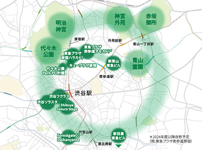 オフィスビル・商業施設など新築大型物件のある渋谷周辺地図