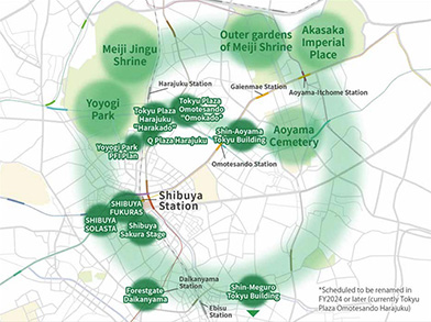 Here's a map of the Shibuya area with new large-scale properties such as office buildings and commercial facilities.