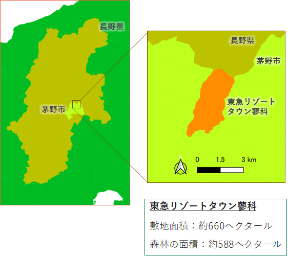 長野県の地図に茅野市があり、右に東急リゾートタウン蓼科の拡大地図