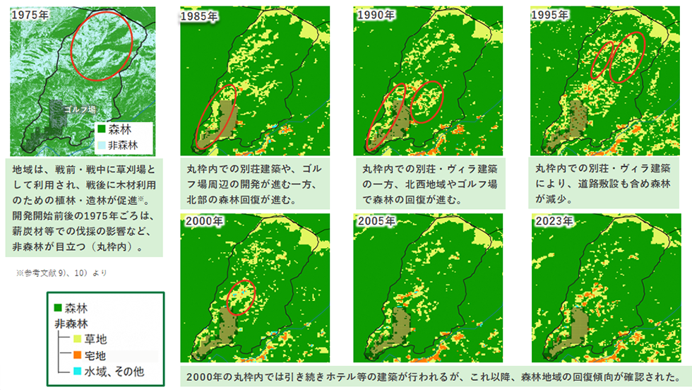 1975年から2023年までの衛星画像によるリゾートタウン森林推定地図