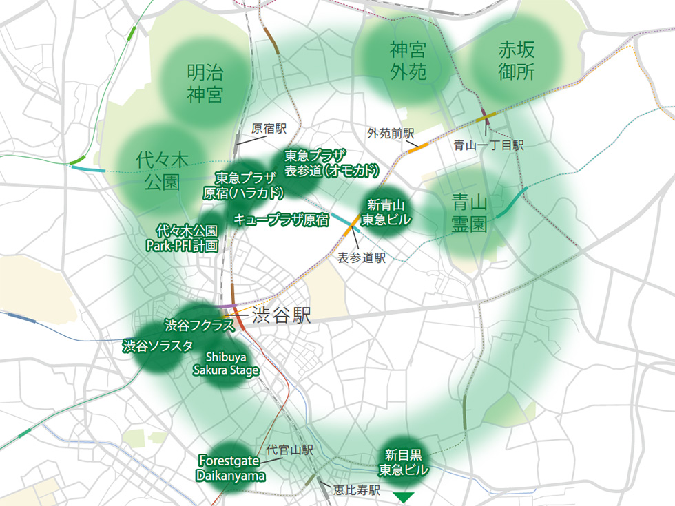 渋谷駅・原宿駅・青山一丁目駅・恵比寿駅を囲うように緑のエリアを表した地図