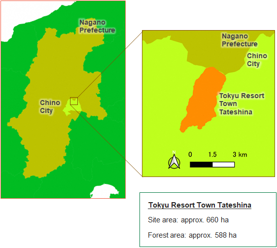 Maps showing Nagano Prefecture, Chino City, and Tokyu Resort Town Tateshina