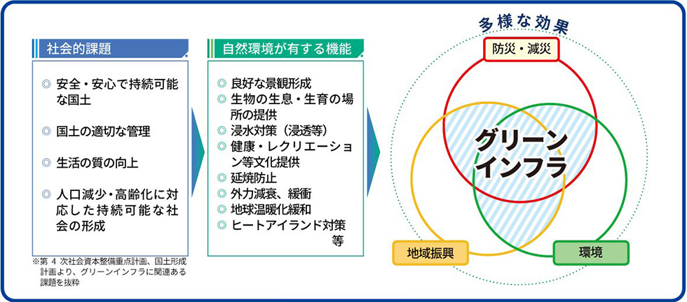 社会課題や自然閑居が有する機能についてグリーンインフラが防災・減災、地域振興、環境などの効果があることを表している図