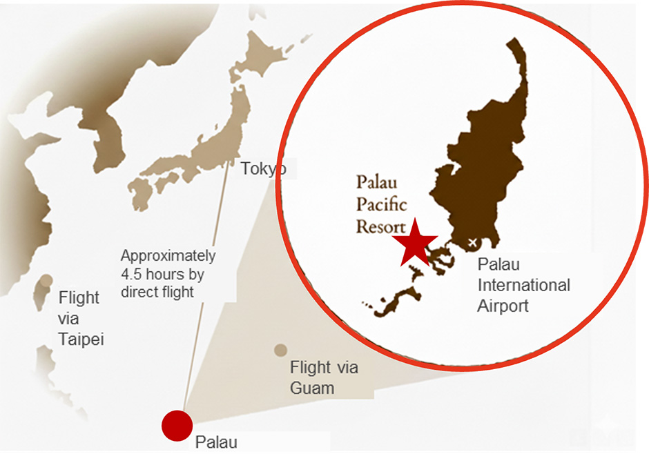 A map showing the location relationship between Japan and the Republic of Palau. It indicates that a direct flight from Tokyo to Palau takes approximately 4.5 hours, with alternative routes via Taipei and Guam also shown. An enlarged inset highlights the location of 'Palau Pacific Resort' with a red star on the southern part of the main island, near Palau International Airport.