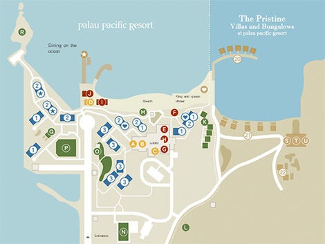 A facility layout map of Palau Pacific Resort. It shows the locations of buildings, guest rooms, restaurants, the beach, piers, shared facilities, and internal roads. On the right side, the layout of The Pristine Villas and Bungalows over the water is also illustrated, providing an overview of the entire resort layout.