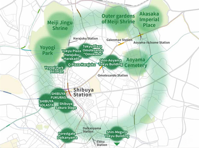 A map showing a green area encompassing Shibuya Station, Harajuku Station, Aoyama-itchome Station, and Ebisu Station.