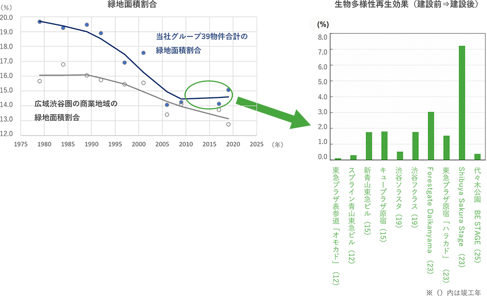 左に緑地面積割合の推移、右に生物多様性再生効果を示した図。左図は1975年から2020年代までの折れ線グラフで、当社グループ39物件合計の緑地面積割合（青）が、広域渋谷圏の商業地域全体（灰）と比較して示され、2000年代以降は低下後に横ばいからやや回復する傾向が強調表示されている。右図は建設前後の生物多様性再生効果を示す棒グラフで、複数の個別物件ごとに再生効果の大きさが示され、一部物件で高い効果が確認できる。