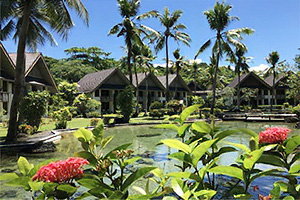 The foreground of a tropical resort hotel. Colorful flowers and lush greenery appear in the foreground, with palm trees, a water feature, and cottage-style buildings in the background, showing an open and nature-integrated hotel setting.