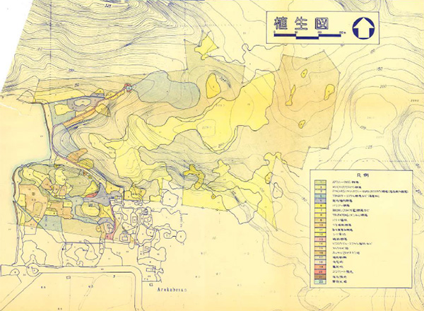 A vegetation survey map created in 1979. The map uses contour lines and color shading to show terrain and detailed vegetation classifications within the survey area. A legend lists multiple vegetation types, providing insight into land use and vegetation distribution at the time.