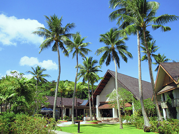 The foreground of a tropical resort hotel. Tall palm trees stand under a blue sky, with well-maintained lawns and resort-style buildings surrounded by lush greenery, showing an open hotel environment integrated with nature.
