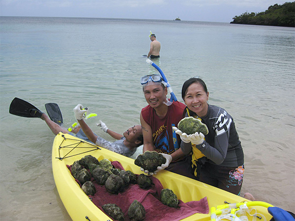 A scene showing the release of juvenile giant clams in shallow coastal waters. Participants hold young clams from a kayak and release them into the sea, with calm waters in the background, illustrating a marine conservation activity aimed at ecosystem restoration.