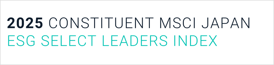 Logo indicating inclusion in the 2025 MSCI Japan ESG Select Leaders Index. The top line is in dark text, and the bottom line features the index name in turquoise.