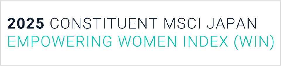 Logo indicating inclusion in the 2025 MSCI Japan Empowering Women Index (WIN), with text in dark blue and turquoise.