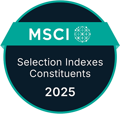 2025年のMSCIセレクション指数構成銘柄であることを示す円形バッジロゴ。上部にMSCIのロゴ、下部に白文字で「Selection Indexes Constituents 2025」と記載されている。