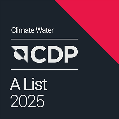 Certification badge showing CDP logo and recognition for inclusion in the 2025 A List for Climate and Water. The background is black with a red triangle design in the top right corner.