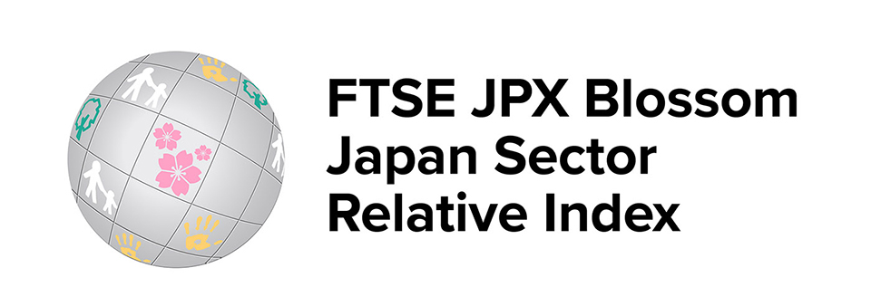 人物や手形、桜の花を配した銀色の地球儀のロゴと、右側に「FTSE JPX Blossom Japan Sector Relative Index」と記された画像。